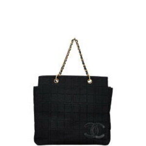 Chanel Coco Mark Chocolate Bar Chain Tote Handbag Black Canvas Leather